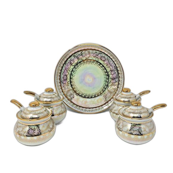 Porcelain Lusterware Serving Set VTG 4 Jam Jars w/Lids Spoons & Tray Thailand - Picture 1 of 11